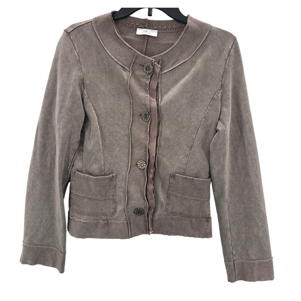 Baci Made in Italy Women Size S Taupe Soft Raw Edge‎ Jacket Ornate Button Blazer